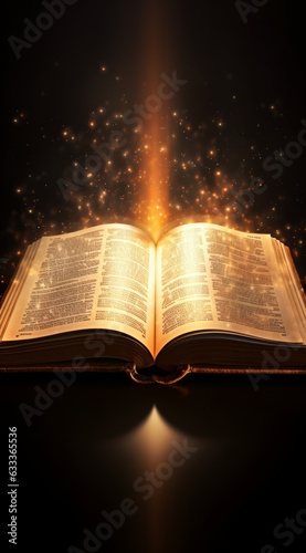 Shining Holy Bible Ancient book banner illustration. AI generative.