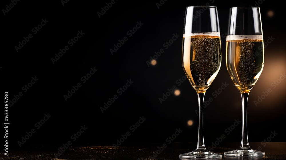 Two glasses of champagne cheers on dark background. AI generative. Two glasses of champagne cheers on dark background. AI generative.
