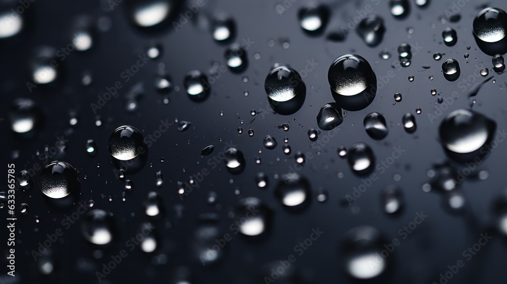 Condensation water drops on black glass background. Rain droplets with light reflection on dark window surface, abstract wet texture. AI generative.