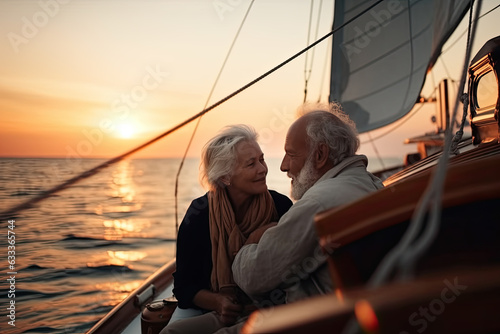 Love and serenity abound as elderly couple cherishes remarkable sunset during their yacht vacation