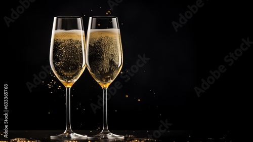 Two glasses of champagne cheers on dark background. AI generative.