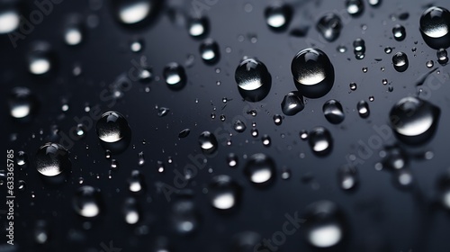 Condensation water drops on black glass background. Rain droplets with light reflection on dark window surface, abstract wet texture. AI generative.