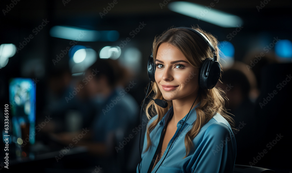 Beautiful customer support wearing headset and looking at camera. Portrait of smiling woman customer service representative working. Call center operator at office Beautiful customer support wearing headset and looking at camera. Portrait of smiling woman customer service representative working. Call center operator at office