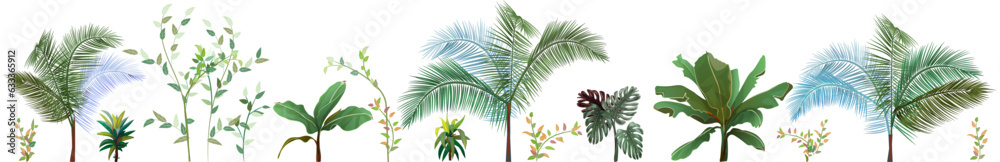 Naklejka premium Border with tropical plants. Set of green leaves from coconut palm, banana tree, monstera, bamboo, dracaena on white background. Panoramic view, realistic botanical illustration in watercolor style