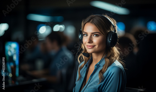 Beautiful customer support wearing headset and looking at camera. Portrait of smiling woman customer service representative working. Call center operator at office