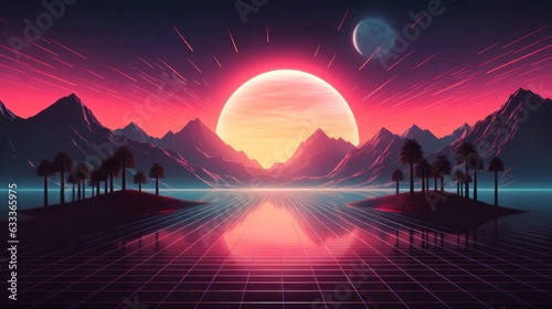 Synth wave retro grid background. Synthwave 80s vapor. AI generative.