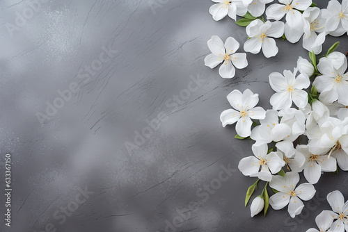Floral arrangement of white jasmine on a gray concrete background