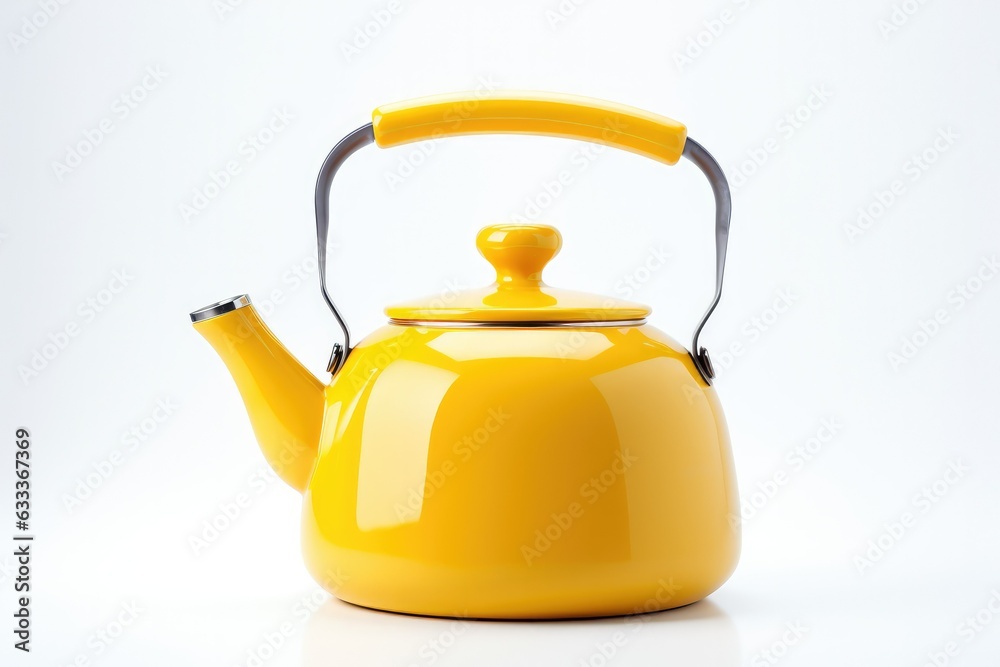 Vivid Contrasts: Modern Yellow Tea Kettle Takes Center Stage Against White - Witness the interplay of modernity and tradition as this yellow old tea kettle captivates on a white canvas.