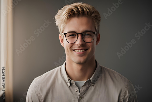 A young smiling man in glasses and a shirt.