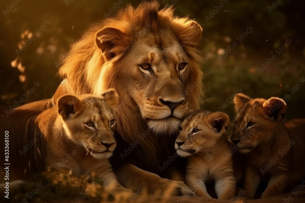 Obraz premium Lion and three lion cubs hanging out on the dry grass at savanna grassland in the evening, father and sons, protecting wildlife concept. 