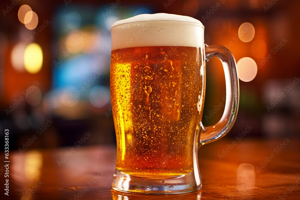 A mug of beer on counter bar in pub on blurred background, close up shot with copy space, Internationnal beer day concept.