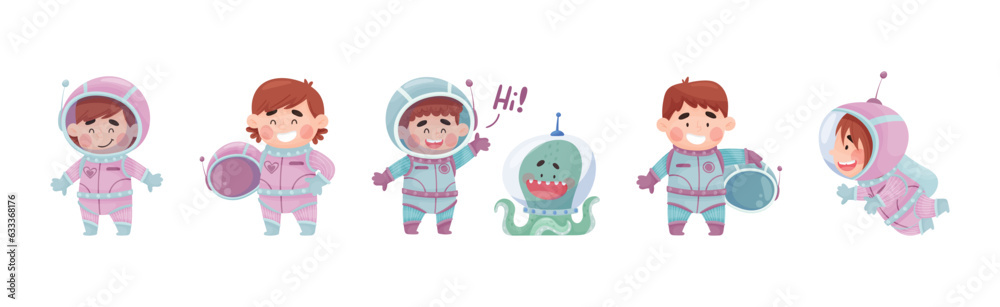 Little Kid Astronaut Wearing Spacesuit Exploring the Moon Vector Set Little Kid Astronaut Wearing Spacesuit Exploring the Moon Vector Set