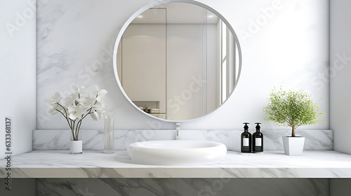 White bathroom interior design  round washbasin  dispenser and plant on white marble counter with round mirror in modern minimalist style 3d illustration.