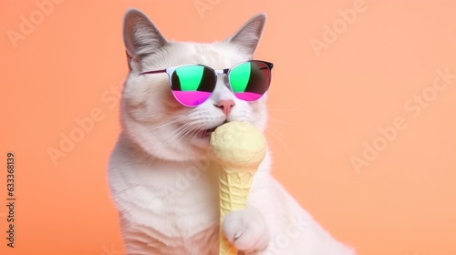 cool Cat in sunglasses licking ice cream
