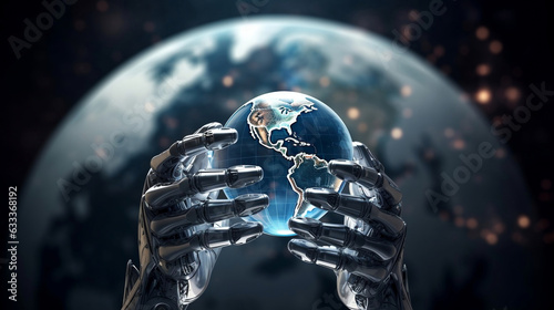 Artificial intelligence robot hands holding glowing earth globe, blurred planet earth background, tech revolution and AI powerful technology save the world concept.