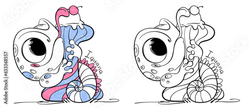 Children's coloring page alphabet - Letter I - Funny Iguana eating Ice cream. ABC coloring book for kids with cute animals. Linear doodle illustration in color and black and white.