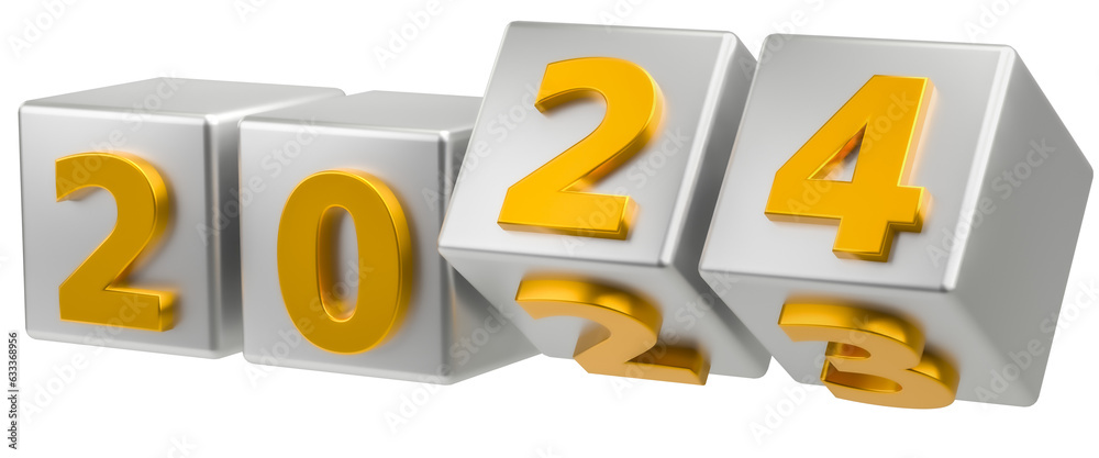 New year holiday concept. Cubes with number 2024 replace 2023. Isolated on transparent png background New year holiday concept. Cubes with number 2024 replace 2023. Isolated on transparent png background