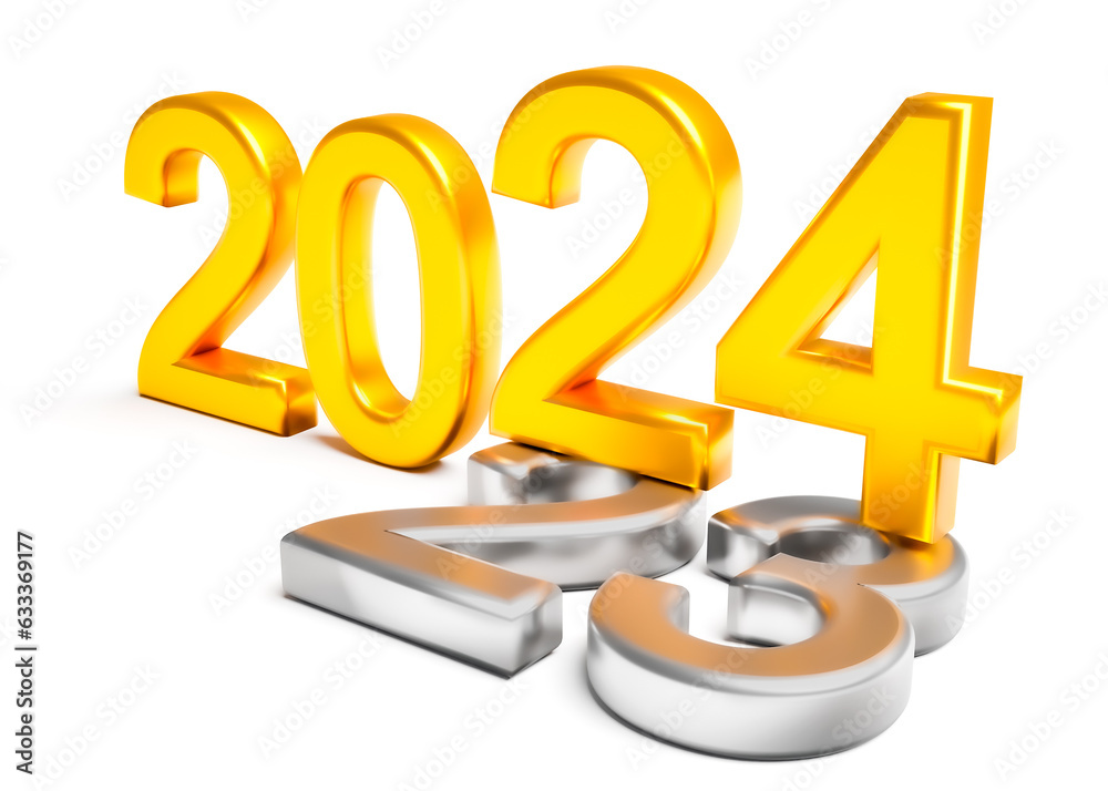New year 2024 holiday concept. The number 2024 lies at 2023 isolated on