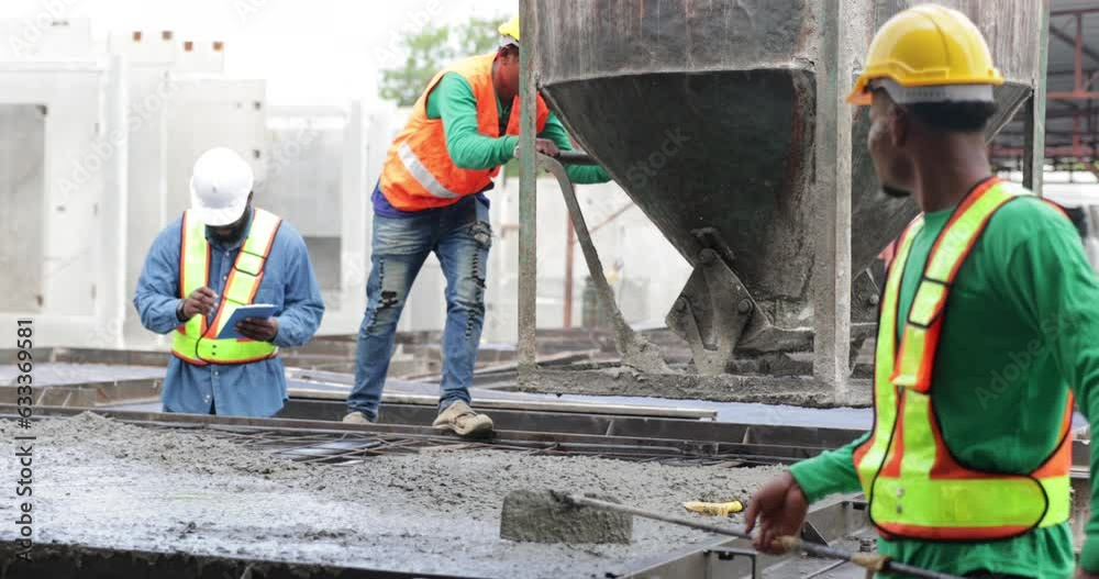 African american mason worker pouring the ready-mixed concrete at Heavy Industry Manufacturing Prefabricated concrete walls factory