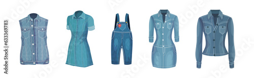 Denim Clothes and Blue Jeans Wear Vector Set
