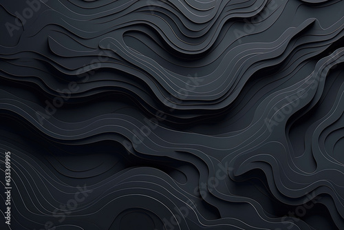 Topographic map, paper cut style abstract background. Dark gray cover, banner, card curved layers and elevation contour lines. Dark color mountains, hills papercut art vector illustration