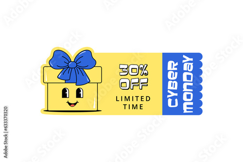 Black friday and sale. Cute character gift box with a face. Design for voucher, ticket and coupon for kids clothes, shoes, toys and stationery. White background. Groovy style. Vector illustration
