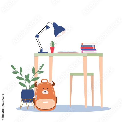 Student workplace with lamp, books, backpack. Learning concept. Vector illustration of elementary school education, studying lessons, childhood, lifestyle isolated on white background