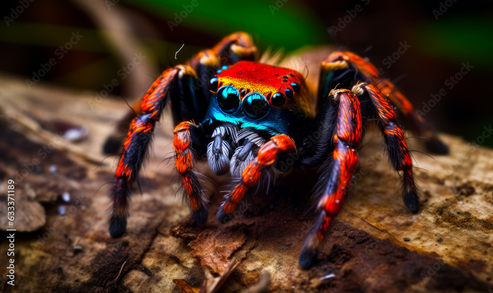 A colorful spider sitting on top of a tree branch. Vibrant spider perched on a tree branch A colorful spider sitting on top of a tree branch. Vibrant spider perched on a tree branch