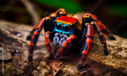 A colorful spider sitting on top of a tree branch. Vibrant spider perched on a tree branch © Vadim