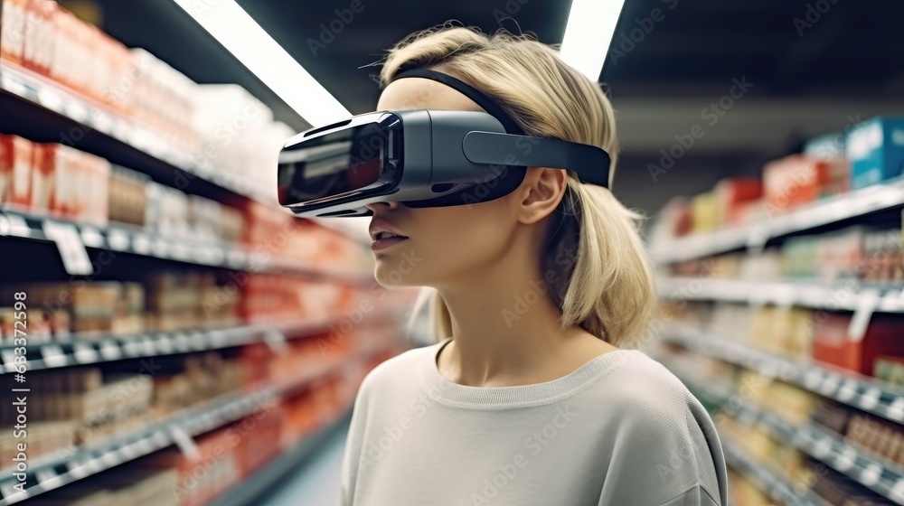 Female with 3D VR goggles at the supermarket, Cyberspace and metaverse. Female with 3D VR goggles at the supermarket, Cyberspace and metaverse.