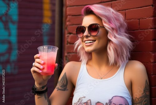 Smiling tattooed hipster woman with coctail drinkg standign in frot of brick wall with graffiti photo