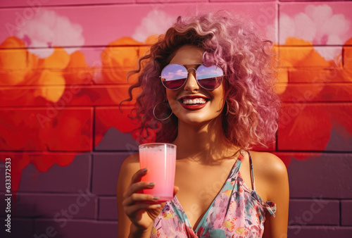 Smiling tattooed hipster woman with coctail drinkg standign in frot of brick wall with graffiti photo