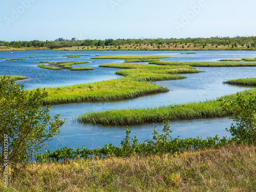 Coastal lagoon, once farmland, with grassy islets at low tide in a county nature preserve in southwest Florida. For motifs of restoration and wildlife habitat, recreation, environmental protection.