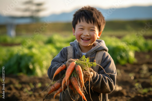 Japanese agriculture and landscape. land and fields. , children, carrots, harvest, family,Generative AI