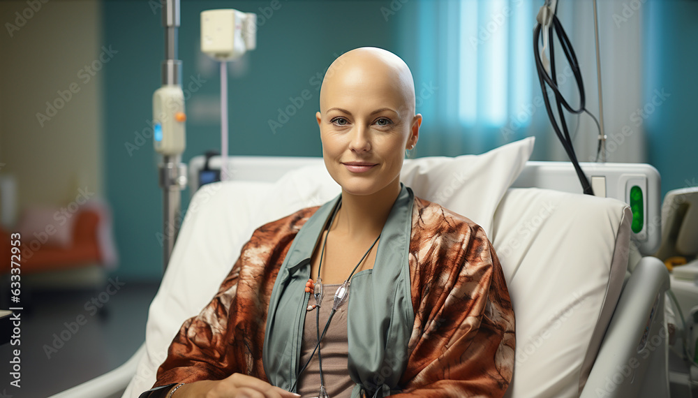 Young bald woman in bed suffering from cancer. Thoughtful woman ...