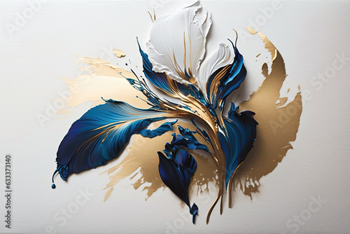Abstract floral oil painting. Gold and blue iris flower on white background