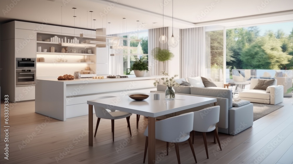 Interior design merging a kitchen, dining, and living area at modern home.