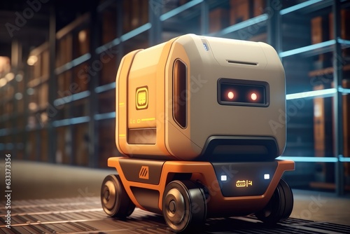 Mobile robot transporting a box in a warehouse, Supply chain warehouse delivery service transport and logistics.