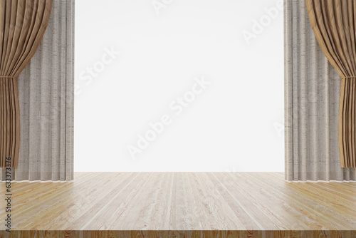 Abstract 3d render minimal scene podium backgroud, Light and shadow from stage with fabric curtains and wooden stage for product display, advertising, mockup or etc © EcoSpace