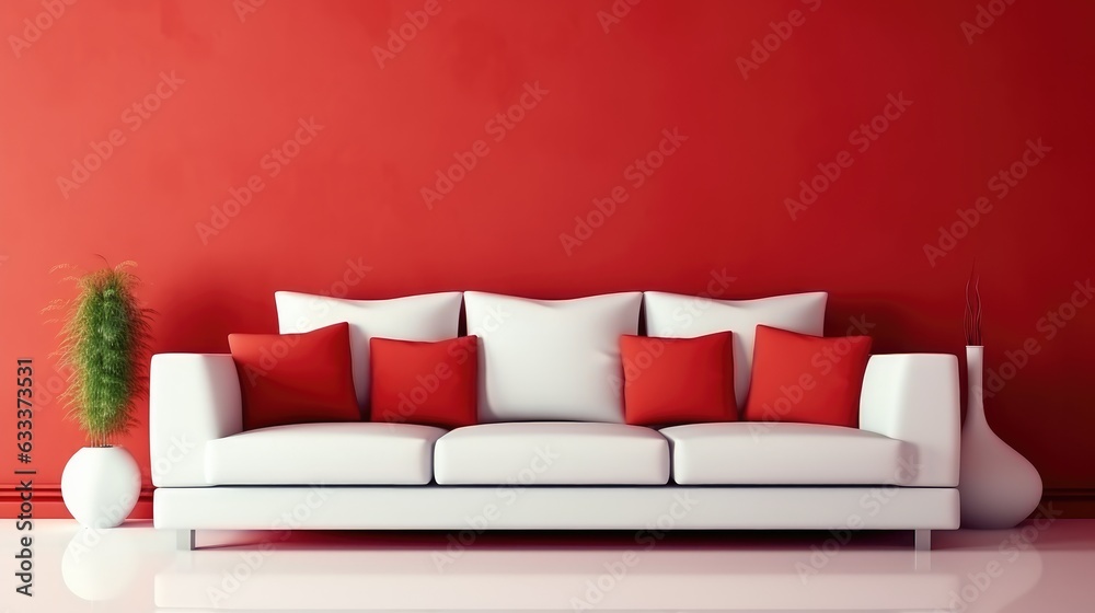 White couch on red wall background, Interior of modern design room.