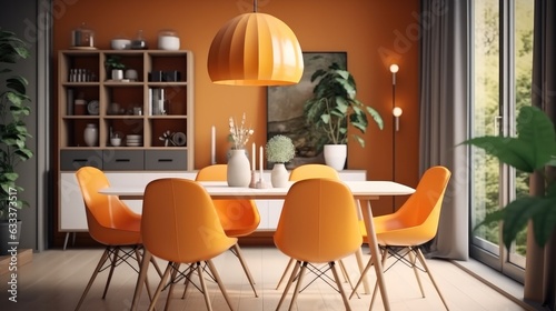 This minimalist luxurious dining room interior with its chic orange chairs and pristine white table.