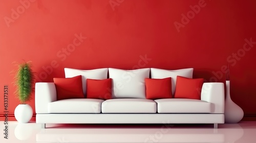 White couch on red wall background, Interior of modern design room.