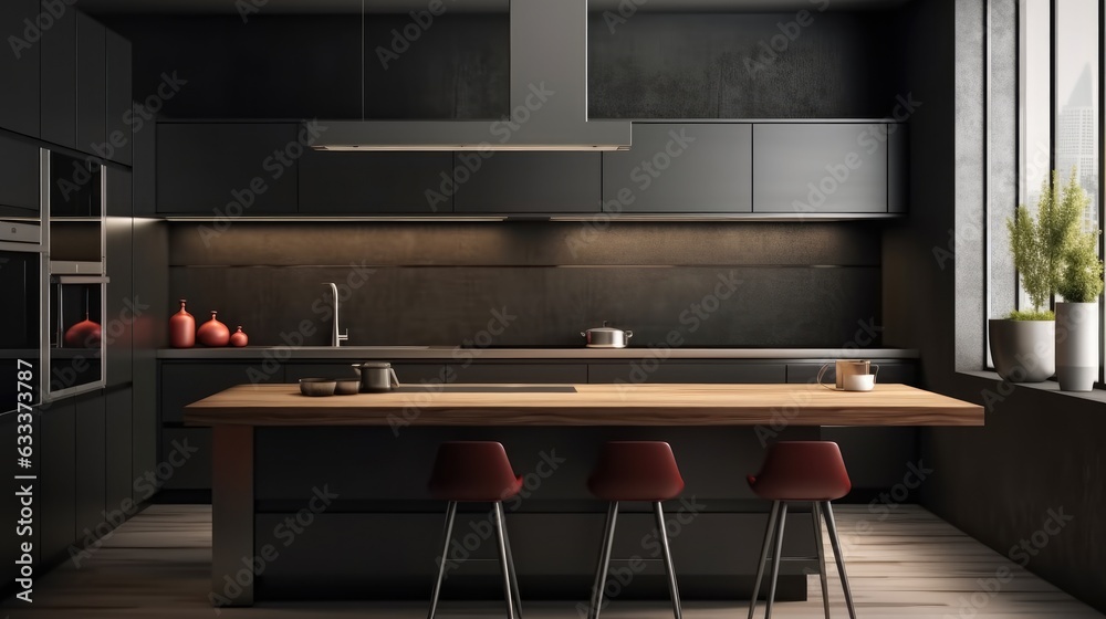 Modern kitchen featuring a sleek black color scheme at contemporary house. Modern kitchen featuring a sleek black color scheme at contemporary house.