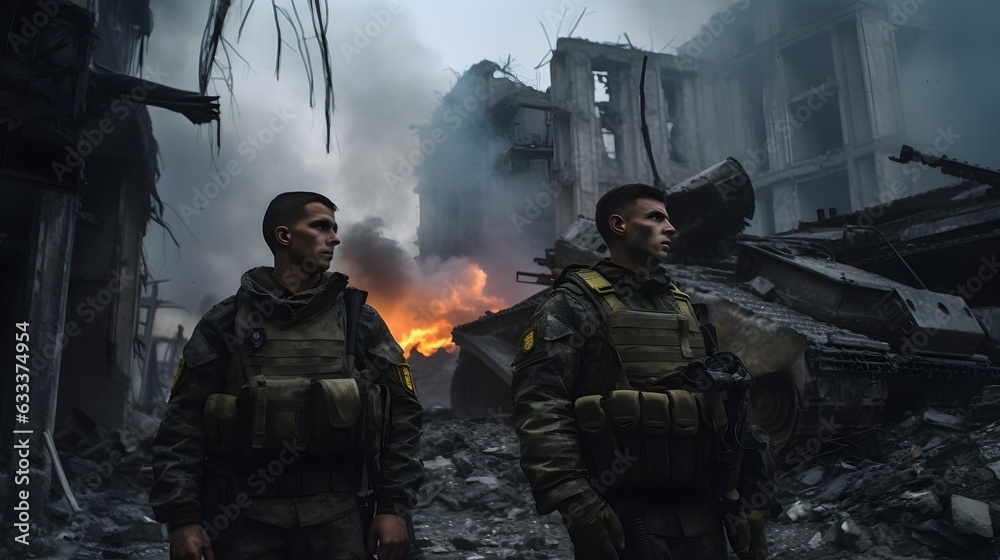 soldiers in a burning ruined city soldiers in a burning ruined city