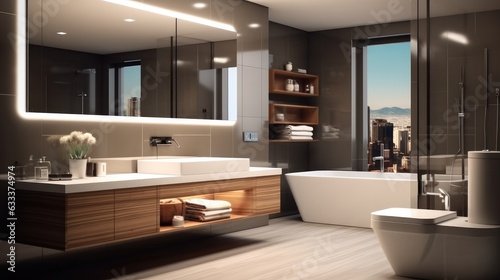 Modern bathroom interior, Stylish automated bathroom showcasing refined elegance.