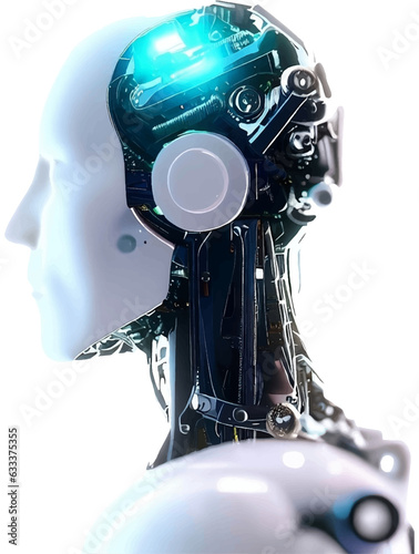 Robotics and AI in blue color, Robot face and Brain create by electrical and mechanical .Machine Learning Artificial intelligence,. Humanoid head. Future concept. Female android face	