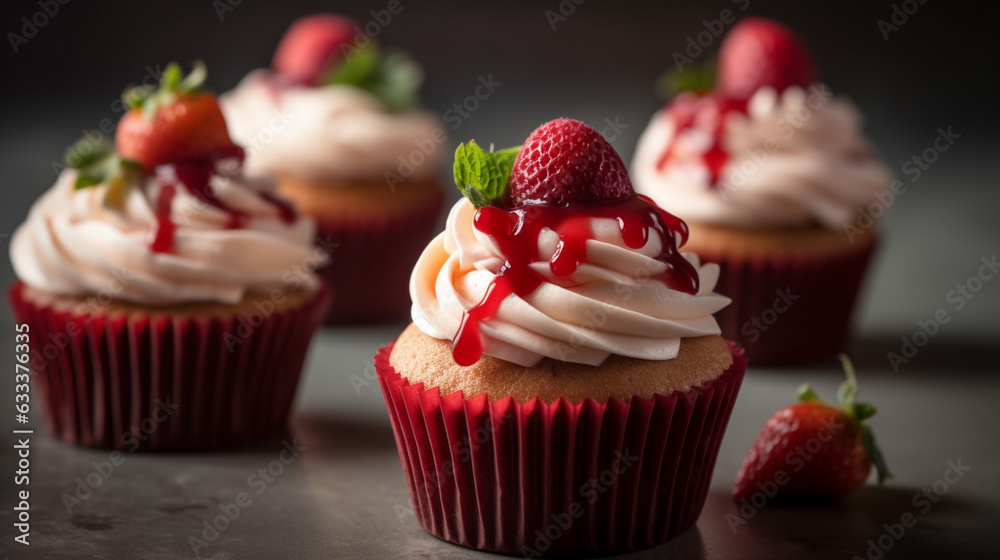 Strawberry Cupcakes with Cream Cheese Frosting and Coulis. Generative AI Strawberry Cupcakes with Cream Cheese Frosting and Coulis. Generative AI