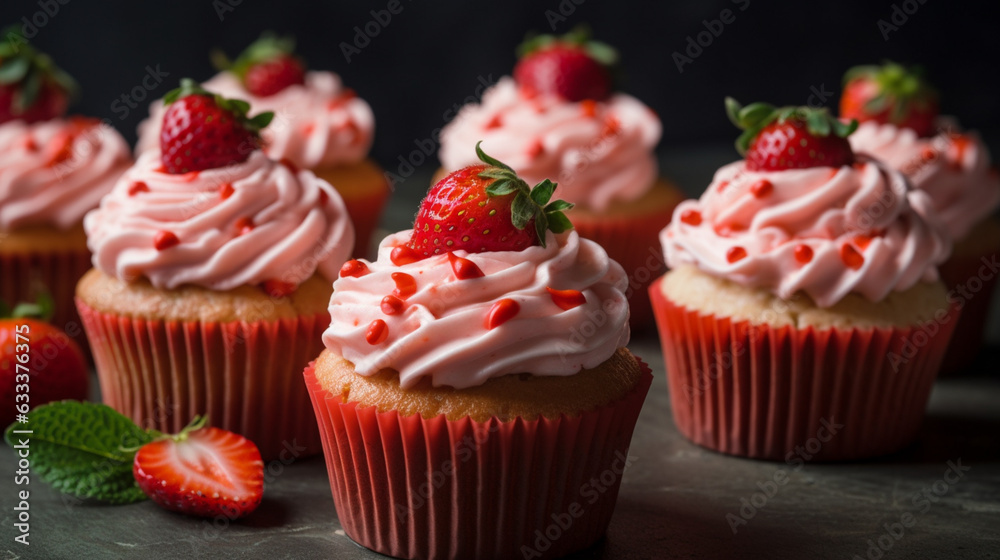 Strawberry Cupcakes with Cream Cheese Frosting and Coulis. Generative AI