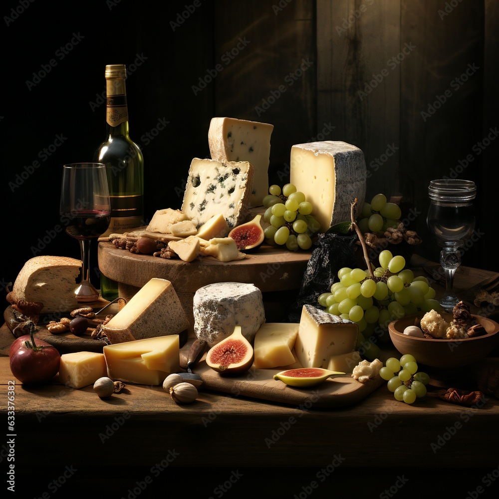 Set of hard cheeses with dried nuts, and fruits on a wooden board.