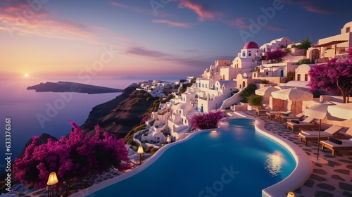 mediterranean landscape with ocean and sunset sky, beautiful island with ancient village and swimming pool
